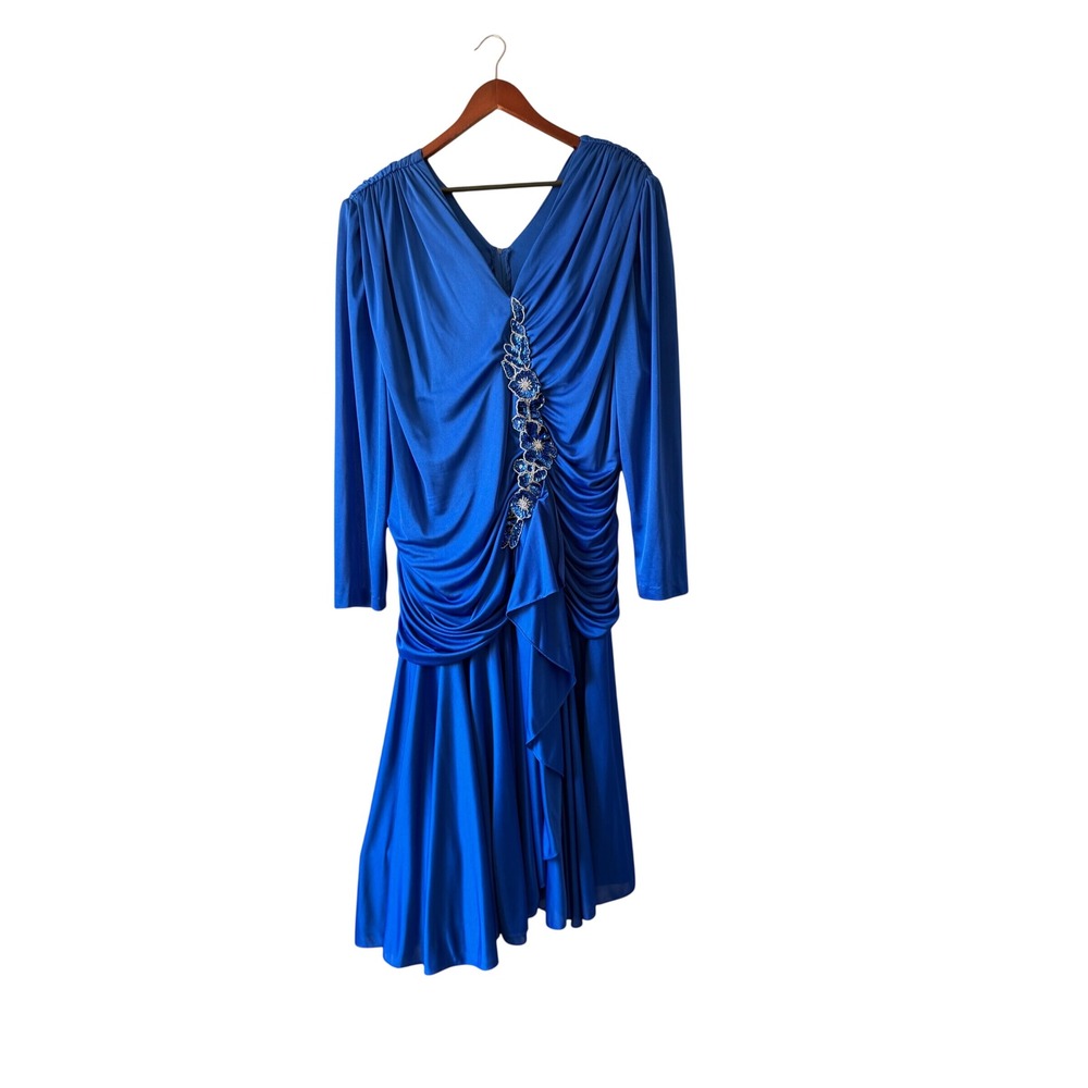 Vintage 80s Royal Blue Ruched Sequin Floral Cocktail Dress Plus Size 24